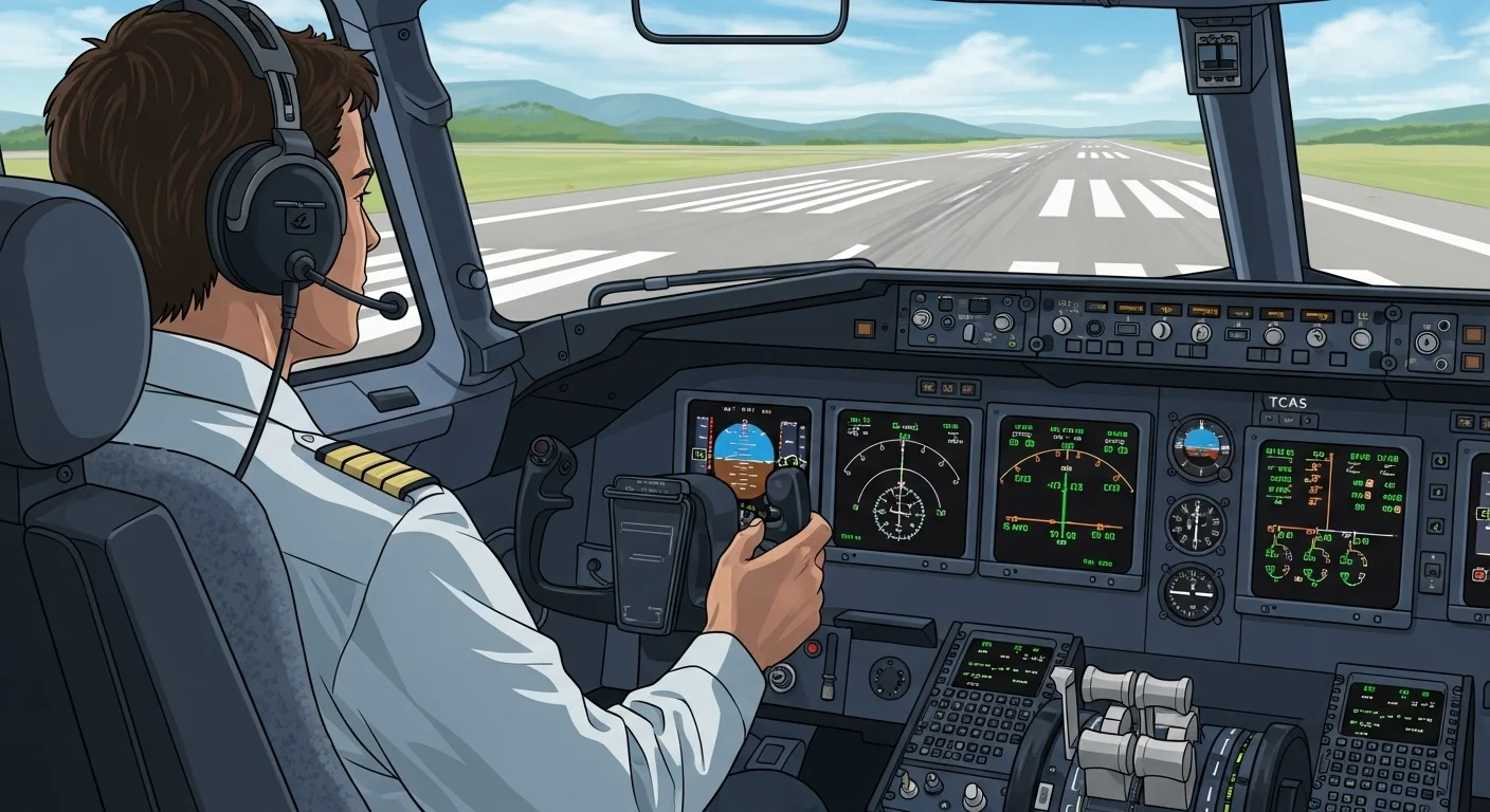 125+ High-Flying Airline Riddles (Answers Included!) 8 Airline pilot in cockpit wearing headset preparing for runway approach with modern avionics and mountain landscape view