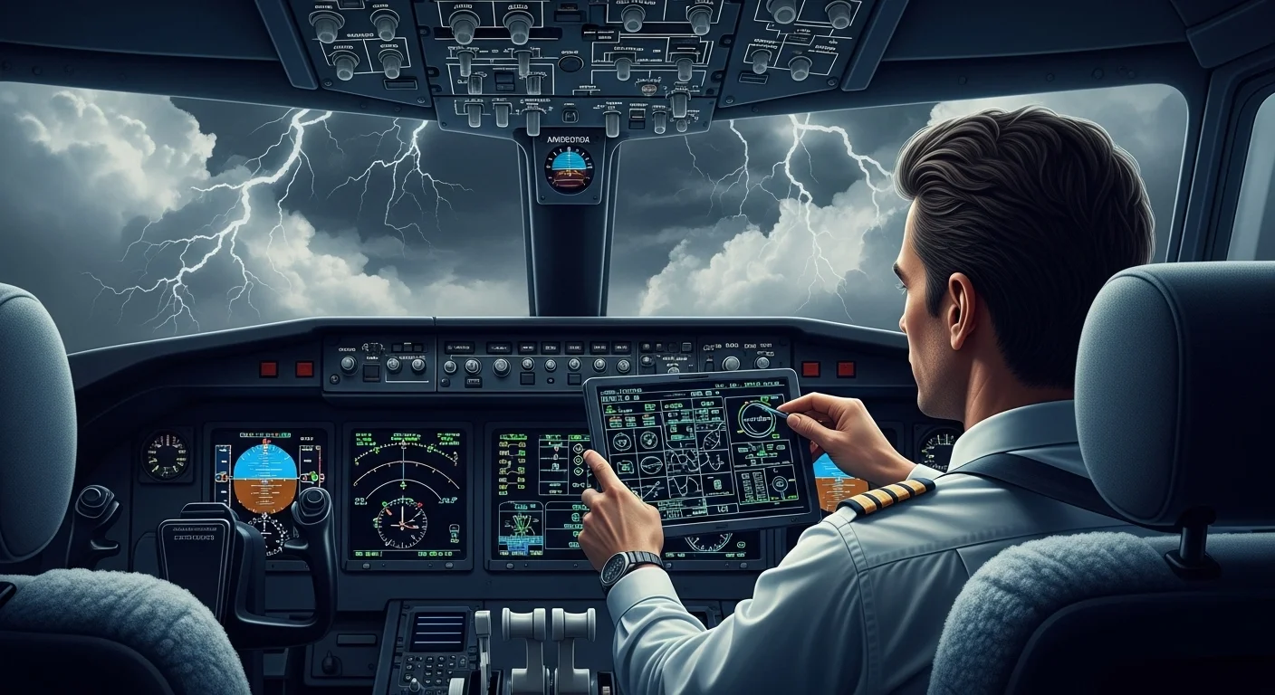 125+ High-Flying Airline Riddles (Answers Included!) 4 Airline pilot in cockpit managing flight controls during thunderstorm with lightning visible outside