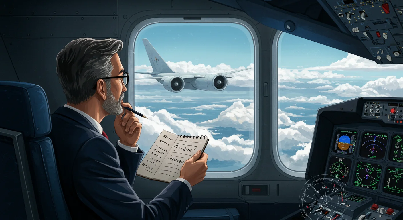 125+ High-Flying Airline Riddles (Answers Included!) 2 Professional airline pilot in cockpit writing in riddle notebook while looking out at clouds and aircraft