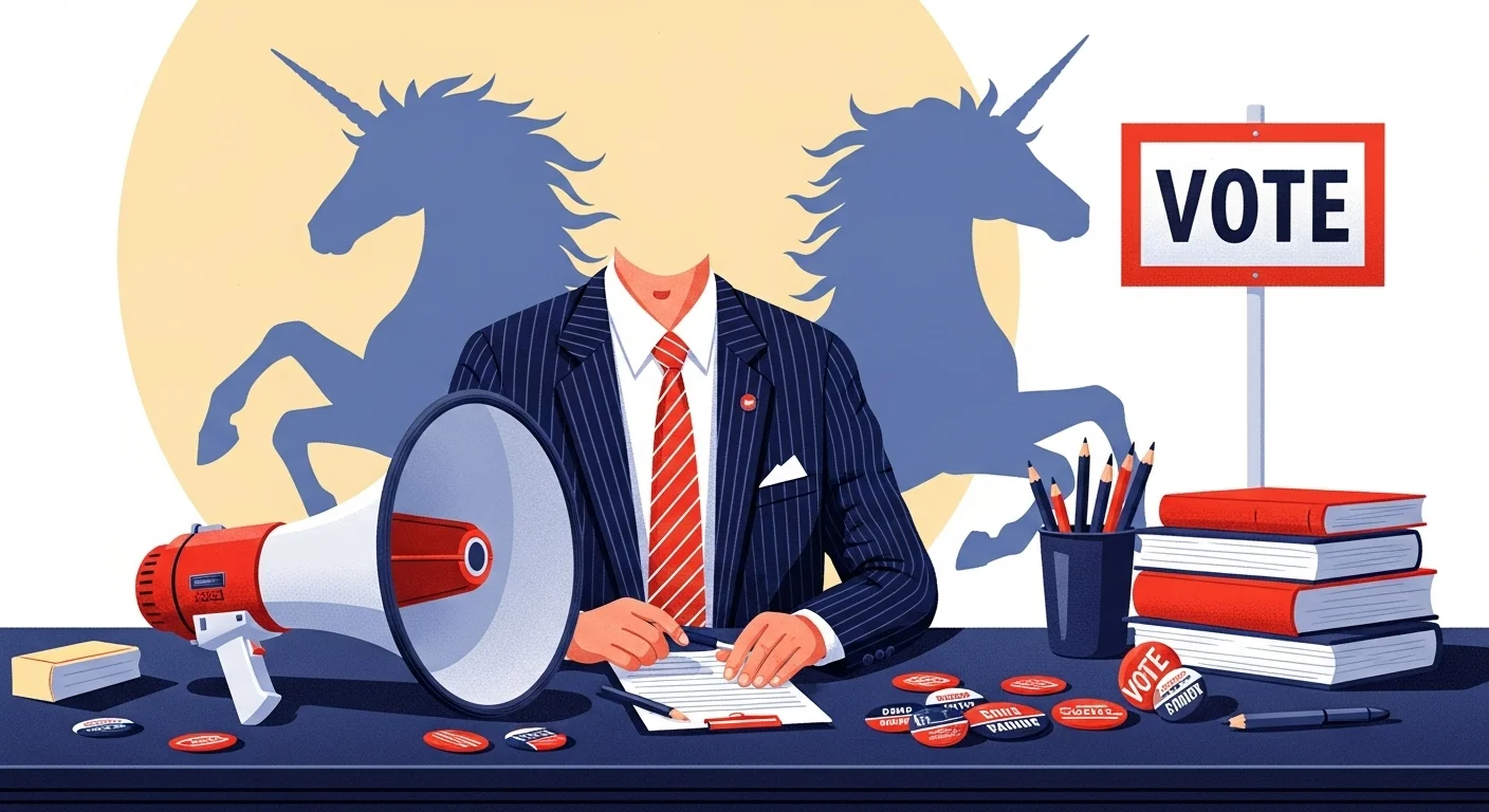 Satirical political campaign scene with unicorn-headed candidate at desk with megaphone, vote sign, and campaign materials