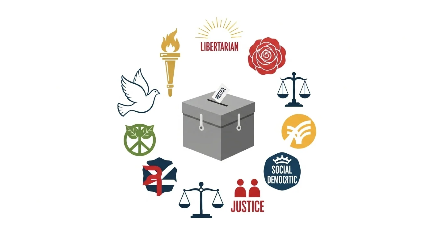 Various political party symbols surrounding ballot box including Libertarian torch, Green Party leaf, Justice scales, and Social Democratic emblem