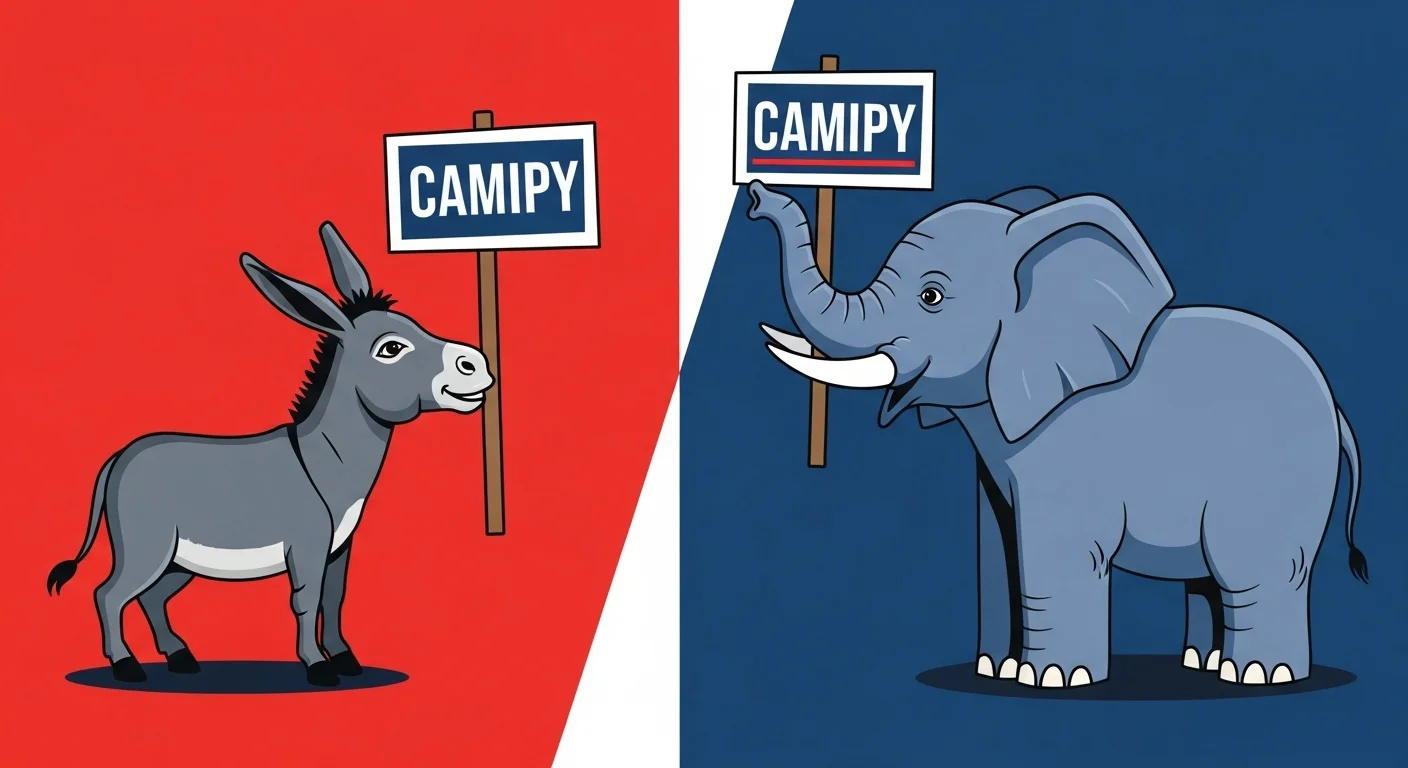 Democratic donkey and Republican elephant holding CAMIPY campaign signs on red and blue split background
