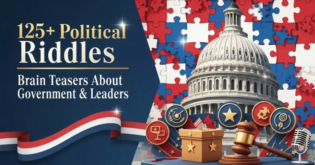 Political riddles book cover featuring US Capitol building with puzzle pieces, gavel, podium and patriotic red white blue design