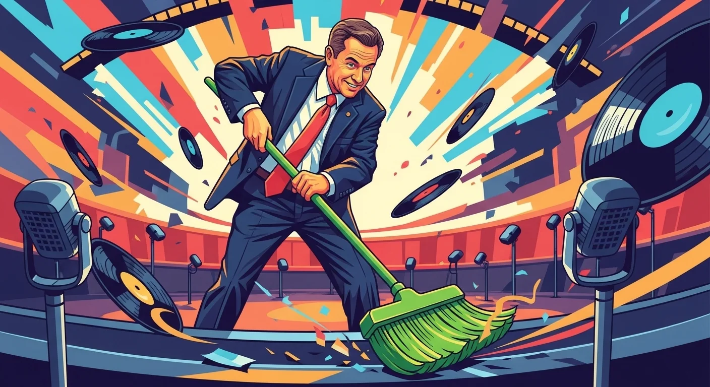 Politician in suit wielding large broom in dynamic scene with flying records and microphones, symbolizing government cleanup