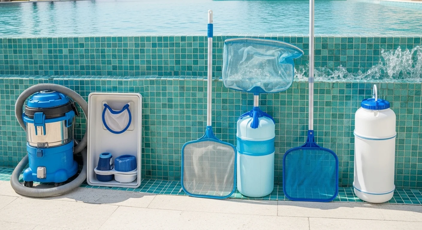 125+ Splash-Tastic Swimming Pool Riddles (Answers Inside!) 11 Professional pool cleaning equipment and supplies including vacuum, skimmer net, chemicals and testing kit arranged by pool