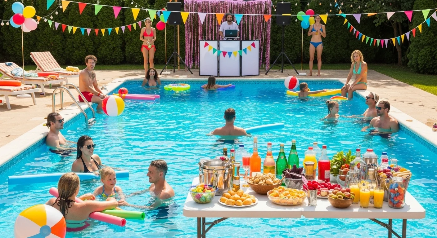 125+ Splash-Tastic Swimming Pool Riddles (Answers Inside!) 12 Lively pool party with people swimming, floating, and socializing around food table with colorful decorations and DJ booth