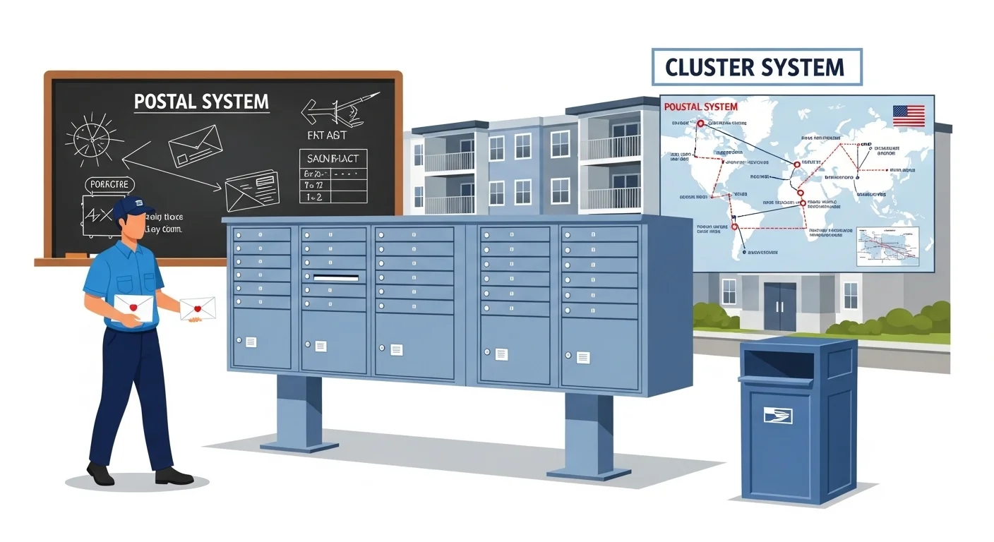 125+ Letter-Perfect Mailbox Riddles (Answers Inside!) 7 Educational diagram showing postal worker with cluster mailbox system, chalkboard explaining postal processes, and building with delivery route map