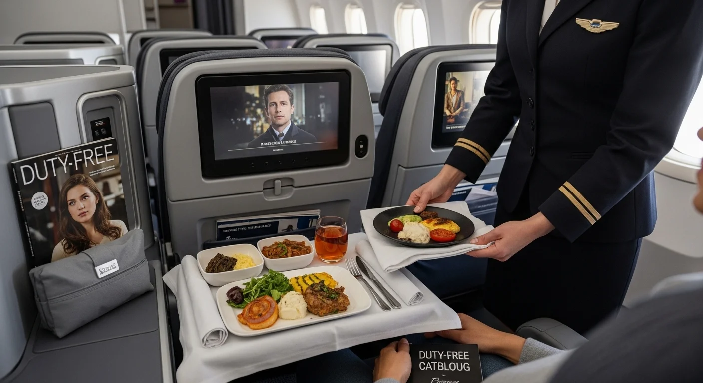 125+ Flight Attendant Riddles Only Crew Will Get (with Answers) 6 Flight attendant serving gourmet meal with entertainment system in premium airline cabin