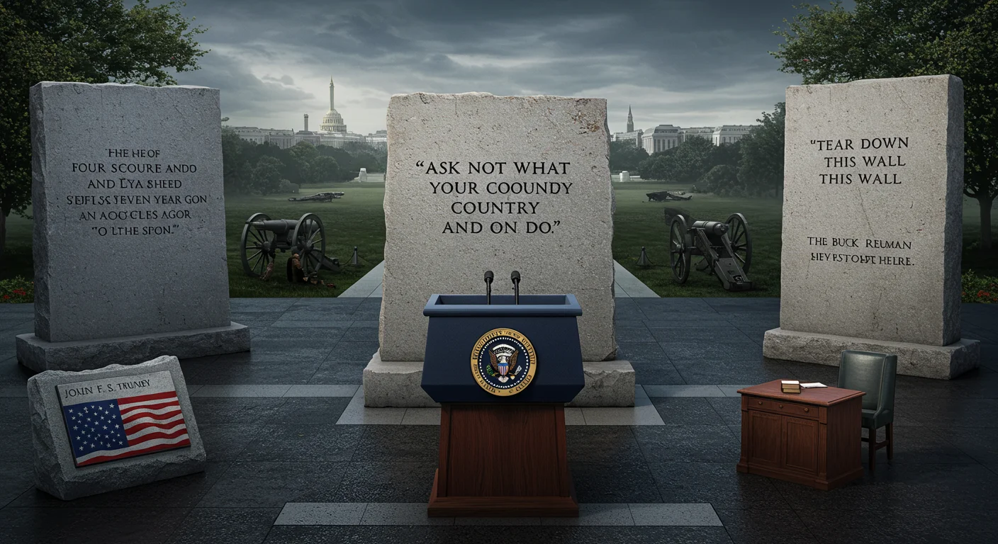 125+ Presidential Riddles & Answers to Test Your History Smarts 7 Presidential memorial stones with famous quotes, podium, and Washington DC monuments backdrop including Capitol building