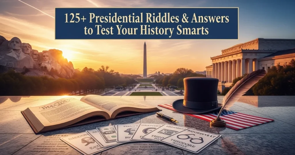 Presidential riddles quiz header with Washington DC monuments, Mount Rushmore, Constitution, and American flag