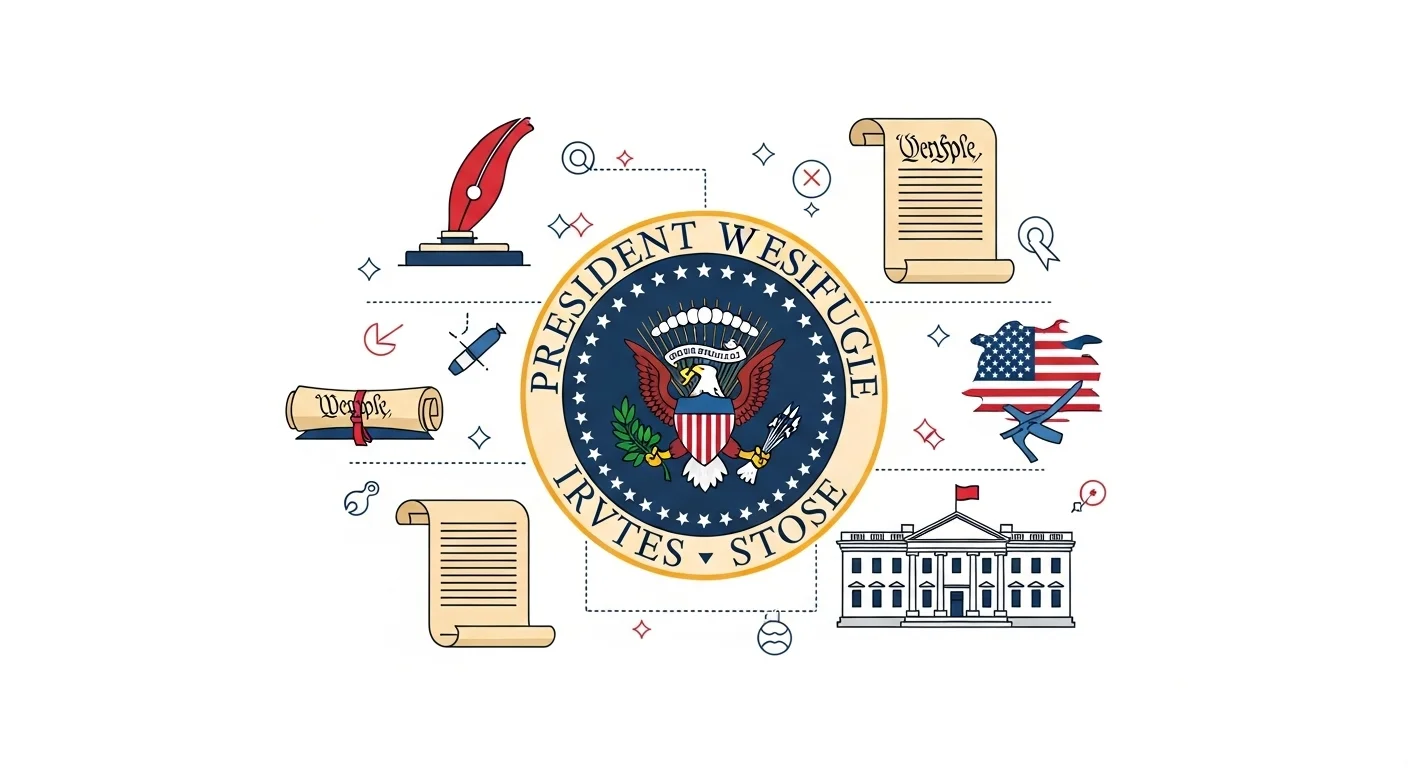 Presidential seal surrounded by American government symbols including White House, Constitution scrolls, and patriotic elements