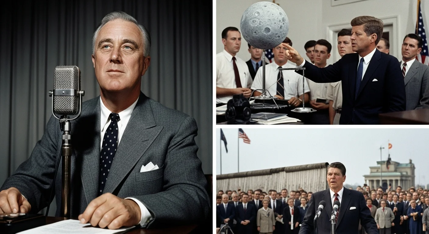 125+ Presidential Riddles & Answers to Test Your History Smarts 3 Historical presidential moments showing FDR at microphone, JFK with moon globe, and Reagan at Berlin Wall