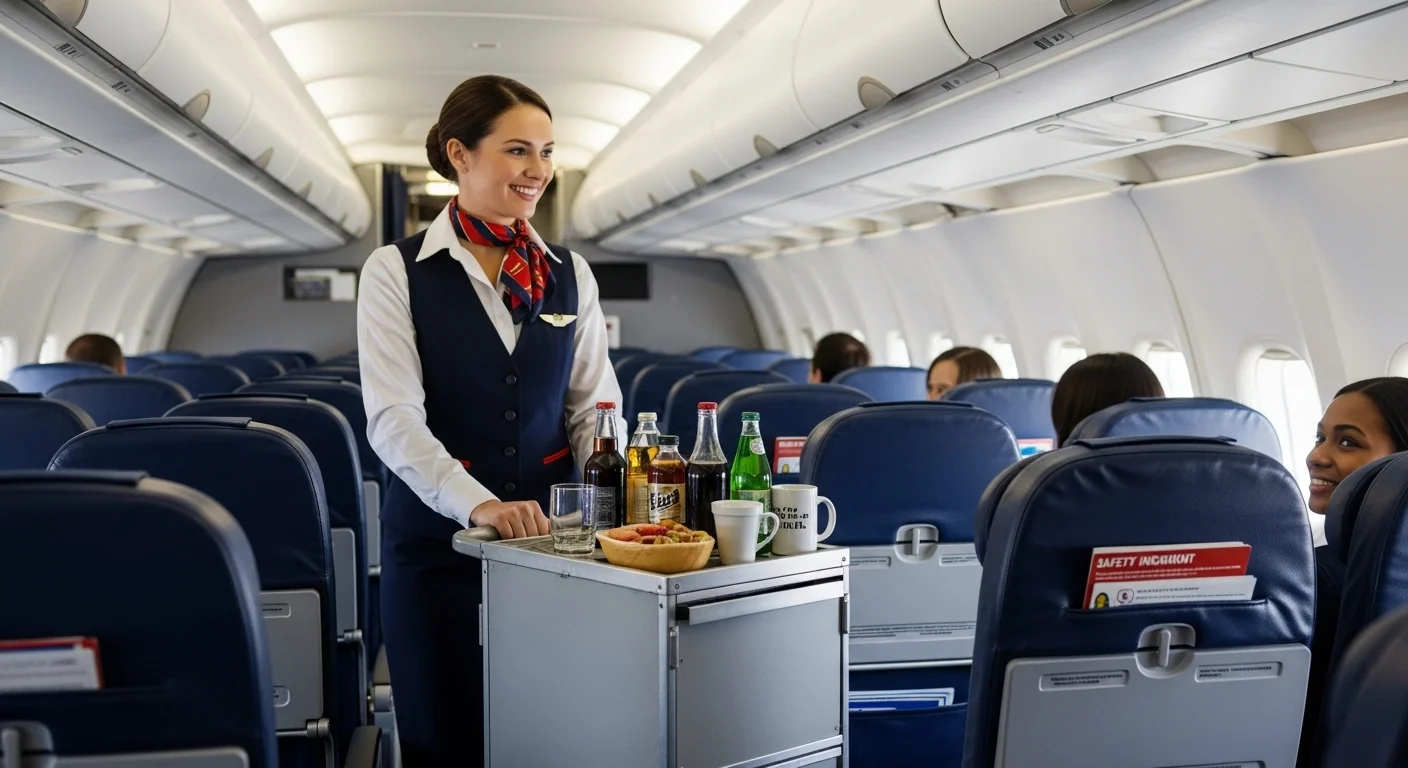 125+ Flight Attendant Riddles Only Crew Will Get (with Answers) 1 Smiling flight attendant providing beverage service to passengers in airplane cabin aisle