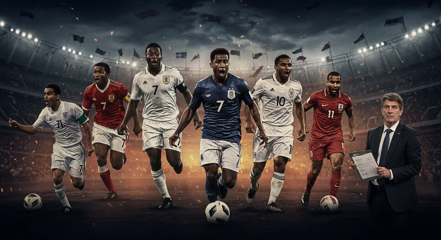 190+ Ultimate Football Riddles for Kids, Adults, and Trivia Fans 2 Professional soccer players in different national team uniforms running with balls in a dramatic stadium setting