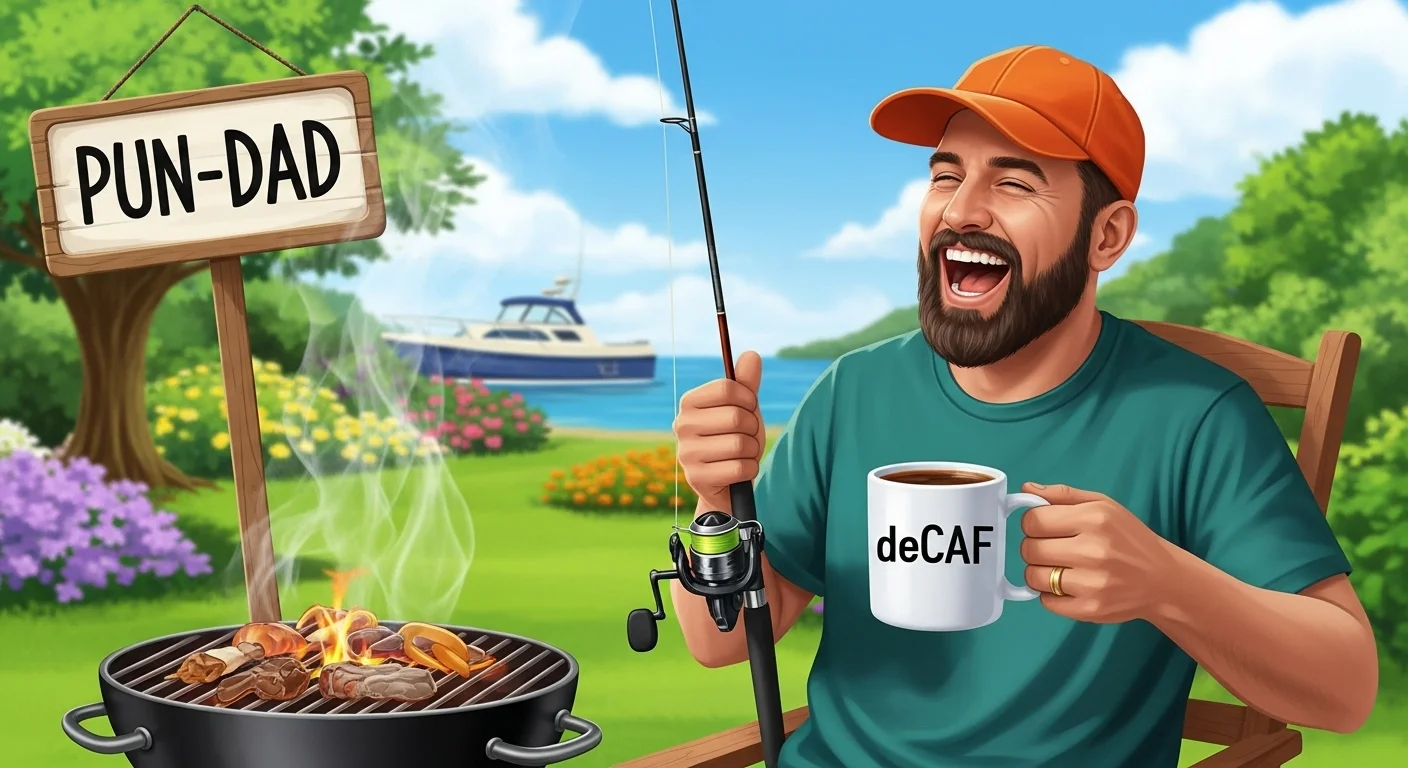 Laughing father with fishing rod and decaf coffee mug next to "Pun-Dad" sign and outdoor grill