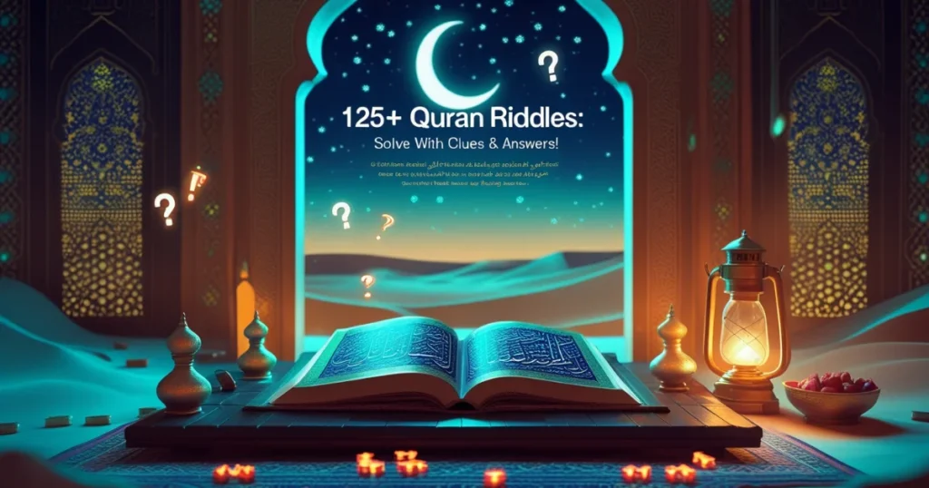 Open Quran book under a starry night sky with question marks and '125+ Quran Riddles' text