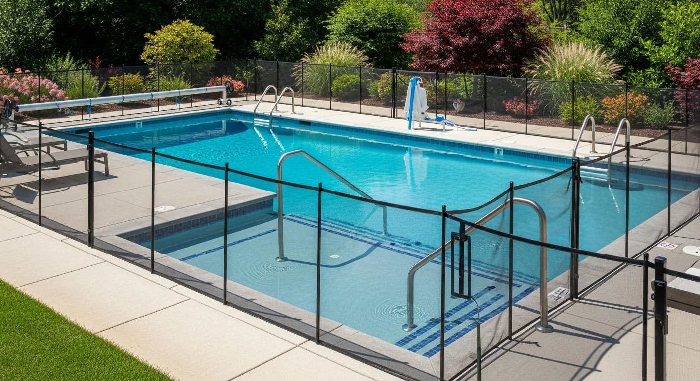 125+ Splash-Tastic Swimming Pool Riddles (Answers Inside!) 8 Rectangular swimming pool with black safety fence barrier and handrails for child protection and pool security