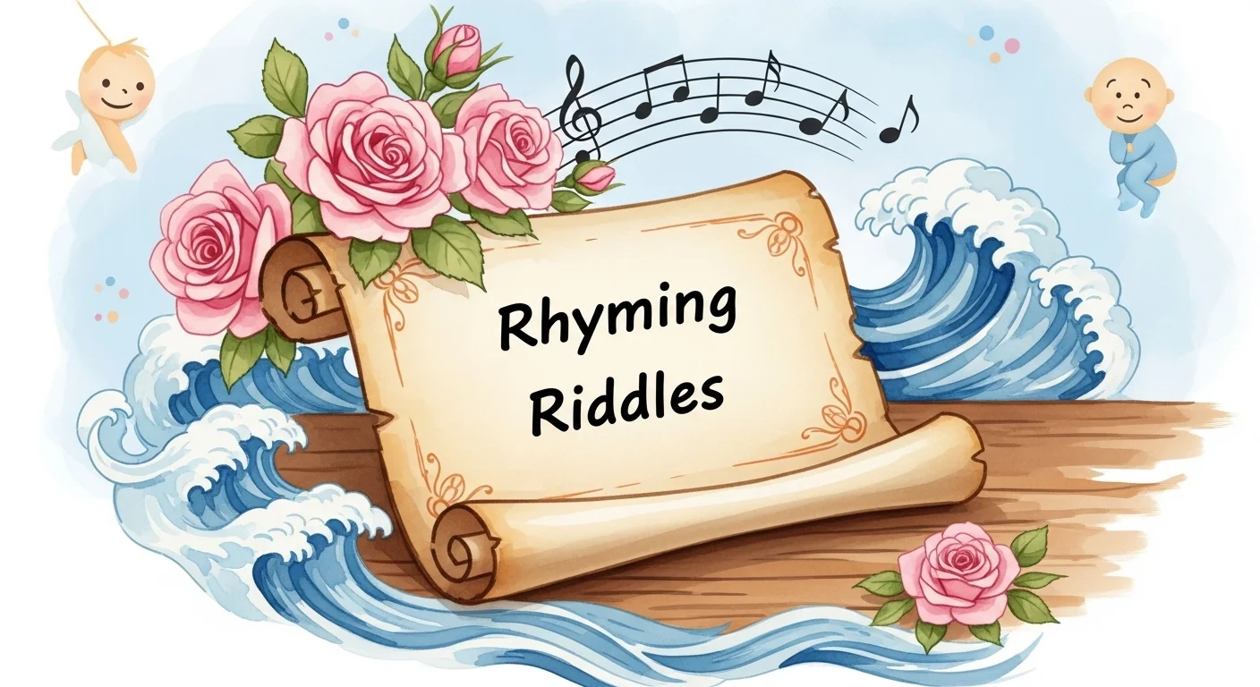 125+ Gender Reveal Riddles to Guess Baby’s Secret (Answers!) 3 Vintage scroll with Rhyming Riddles text surrounded by pink roses, ocean waves, musical notes, and baby illustrations