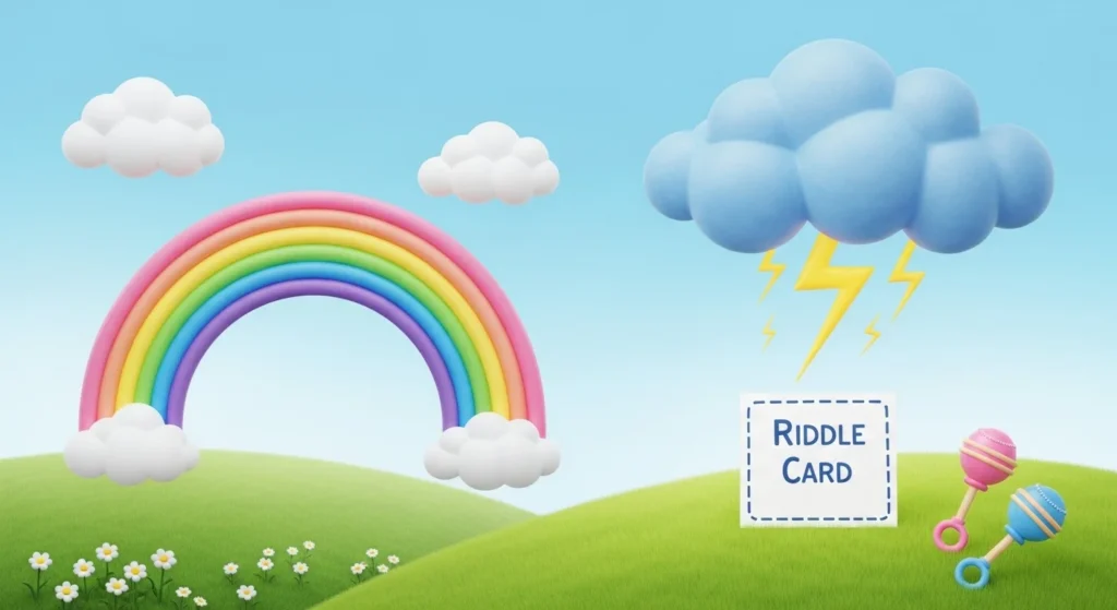 125+ Gender Reveal Riddles to Guess Baby’s Secret (Answers!) 9 Colorful riddle card in whimsical landscape with rainbow, storm clouds, and flowers for children's brain games