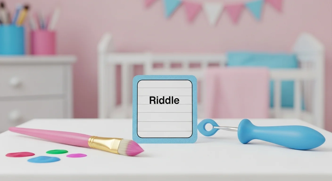 125+ Gender Reveal Riddles to Guess Baby’s Secret (Answers!) 10 Blue riddle card surrounded by colorful school supplies including paintbrush and scissors in pink children's bedroom