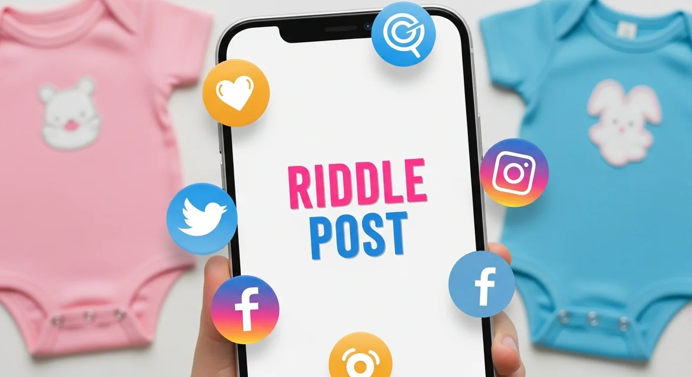125+ Gender Reveal Riddles to Guess Baby’s Secret (Answers!) 12 Smartphone displaying "RIDDLE POST" text surrounded by floating social media icons including Facebook, Twitter, and Instagram