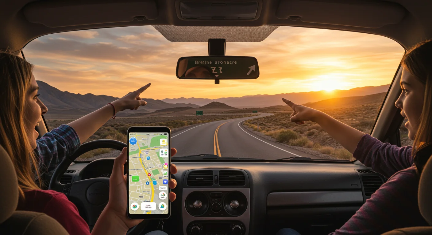 Two travelers navigating a desert highway at sunset with smartphone GPS and scenic mountain views