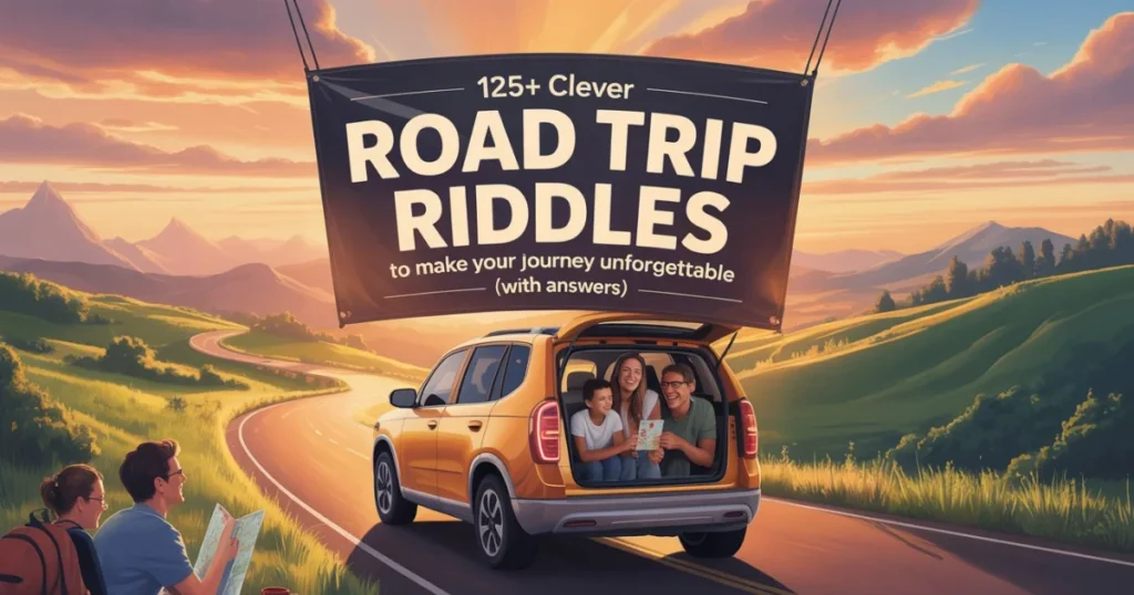 Book cover for "125+ Clever Road Trip Riddles" showing a family in an SUV on a scenic highway at sunset