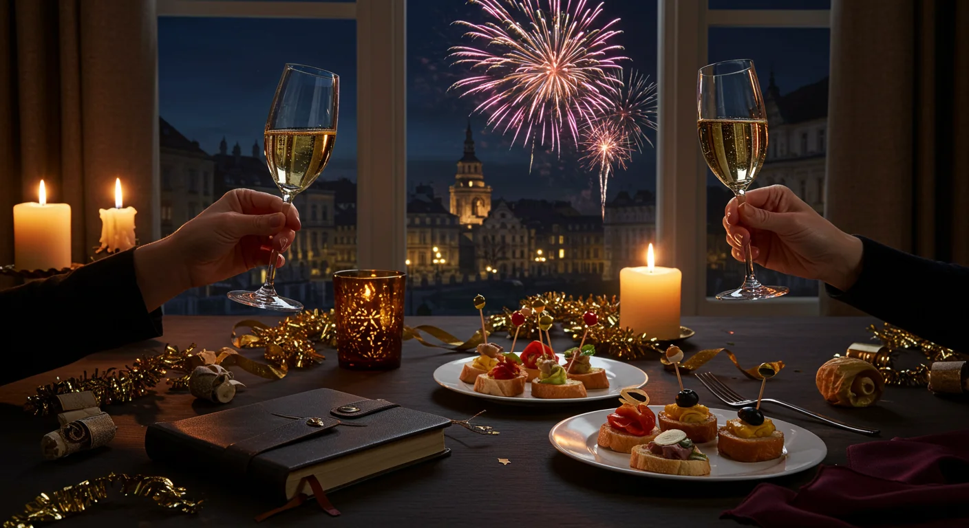 125+ New Year Riddles to Spark Joy & Laughter (Answers Inside!) 3 Romantic New Year toast with champagne glasses against fireworks display