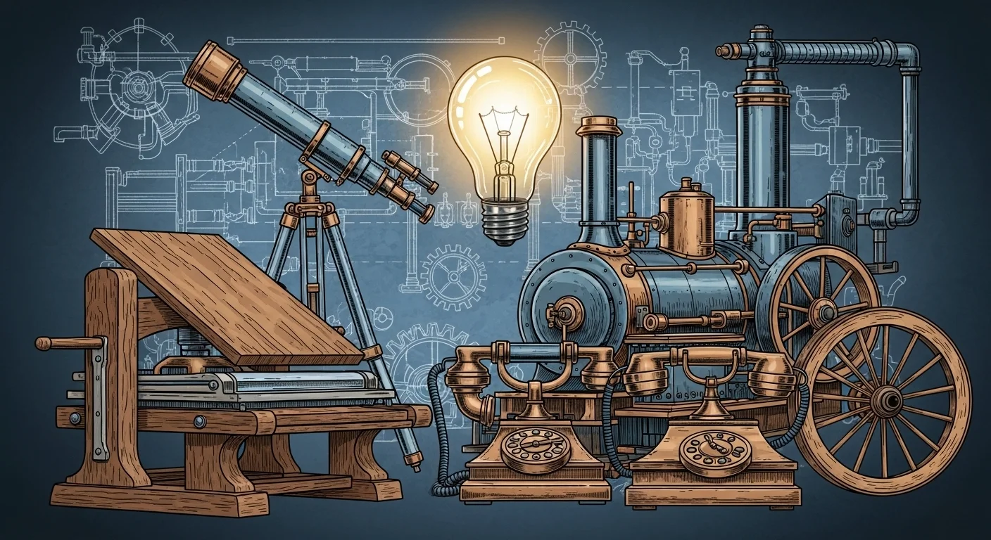 125+ World History Riddles with Answers to Test Your Knowledge 6 Historical scientific instruments including telescope, light bulb, steam engine, and mechanical gears representing innovation and invention riddles