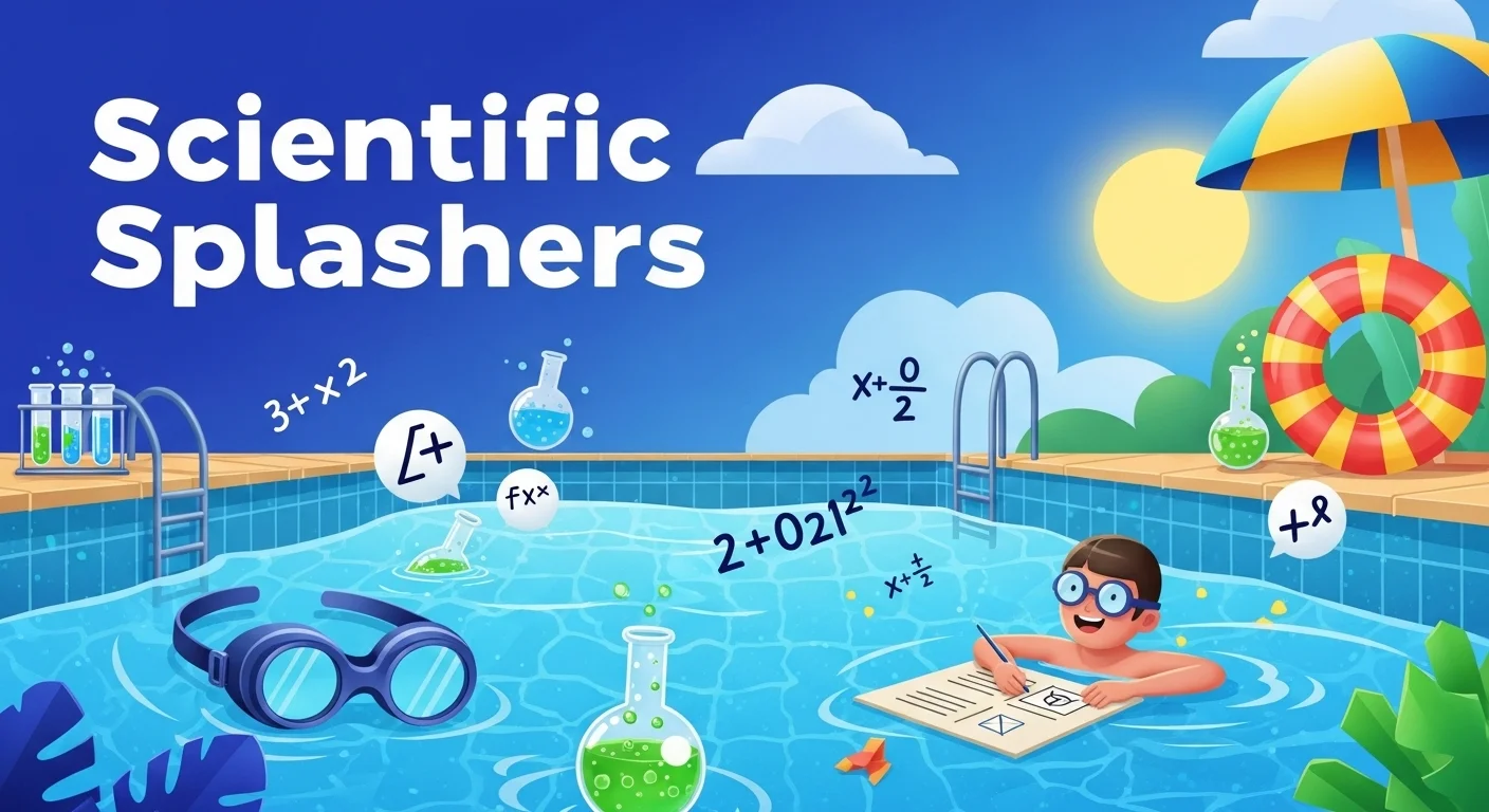 125+ Splash-Tastic Swimming Pool Riddles (Answers Inside!) 4 Educational swimming pool scene with floating math equations, science equipment, and student learning