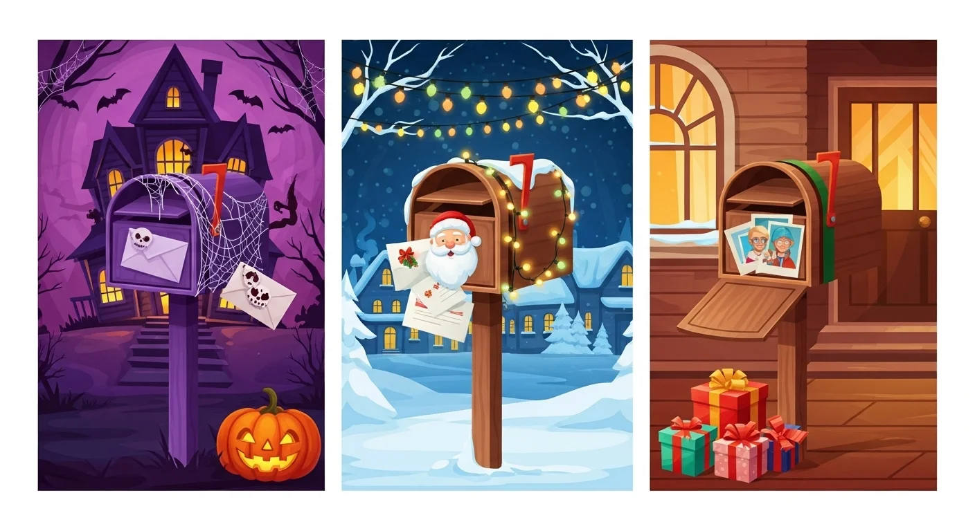 125+ Letter-Perfect Mailbox Riddles (Answers Inside!) 11 Three seasonal mailboxes showing Halloween spooky scene, Christmas winter wonderland, and cozy home with gift packages