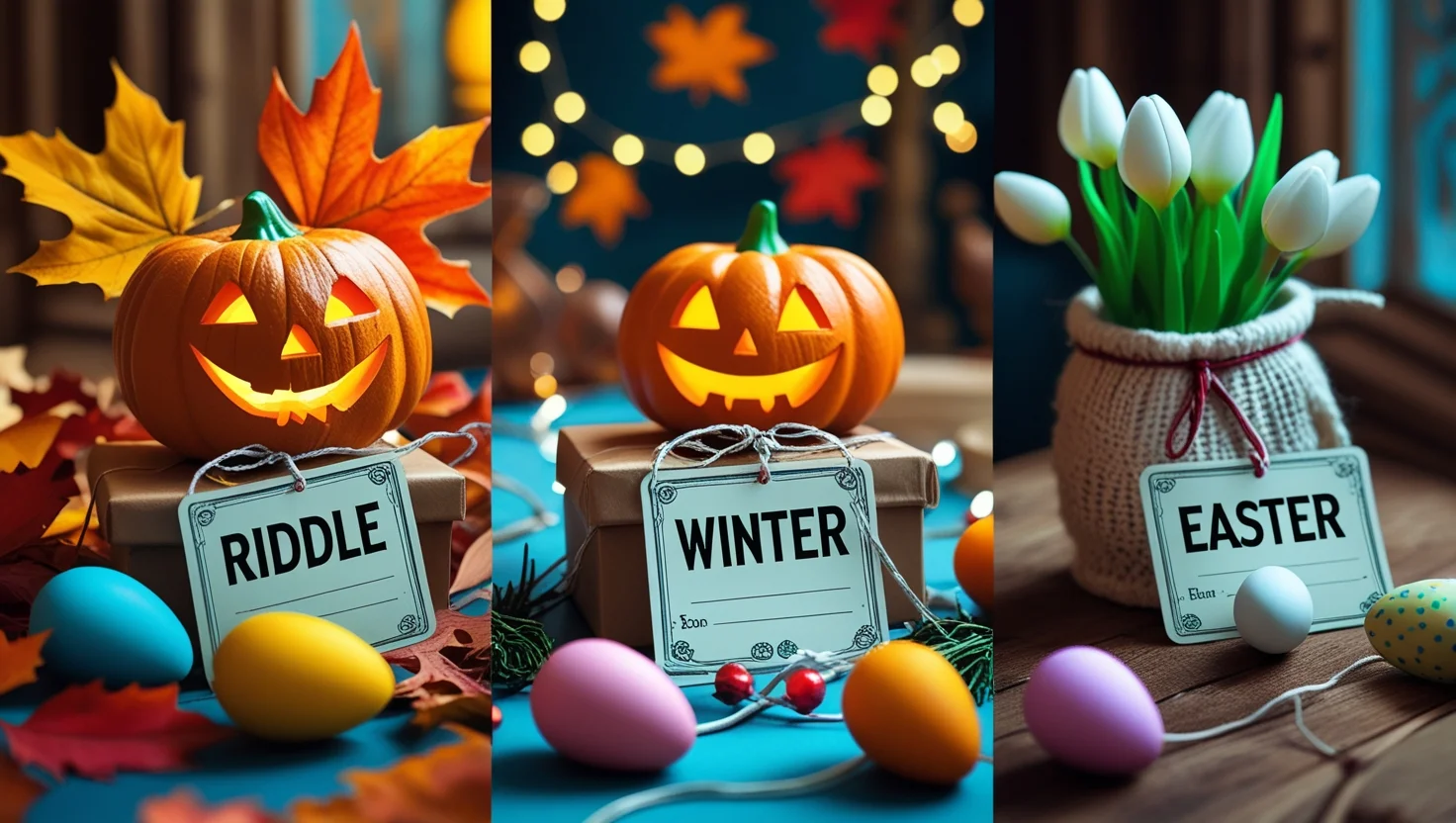 125+ Mind‑Blowing Table Riddles That Will Have Everyone Guessing 9 Triptych of seasonal tabletop decorations featuring carved pumpkins with riddle cards for fall, winter, and Easter celebrations