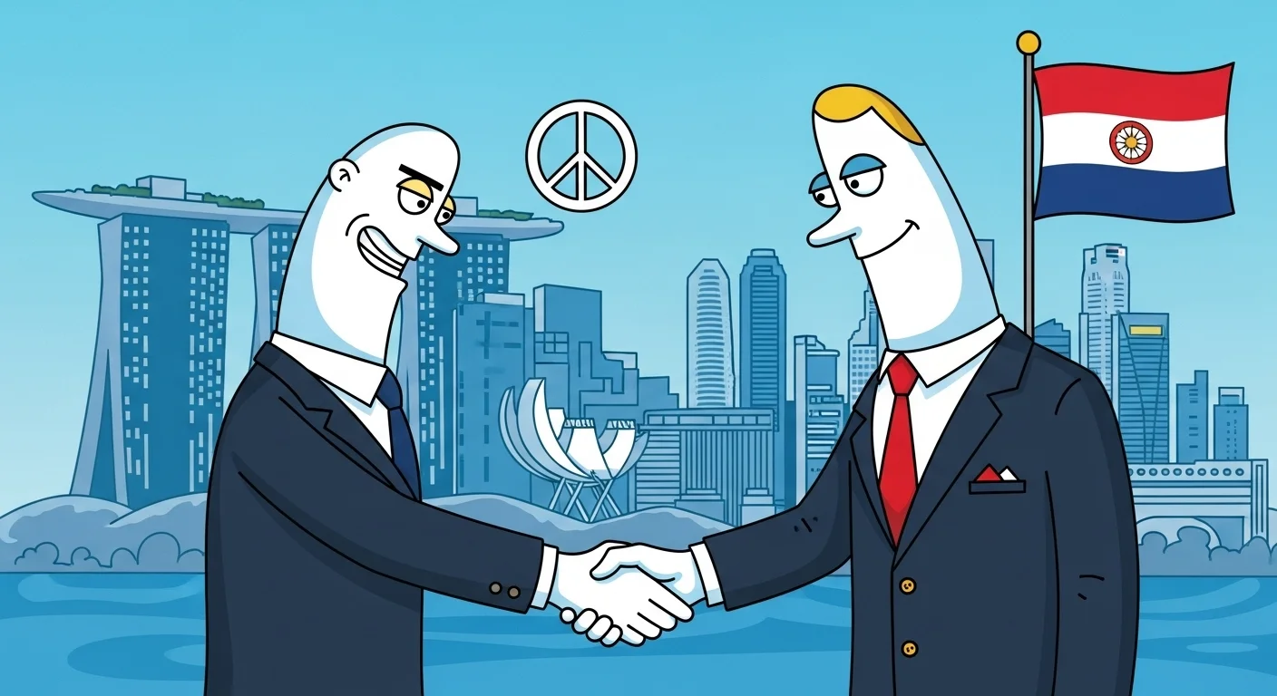 125+ Funny Donald Trump Riddles with Answers 12 Two political figures shaking hands with Singapore skyline, peace symbol, and flag backdrop