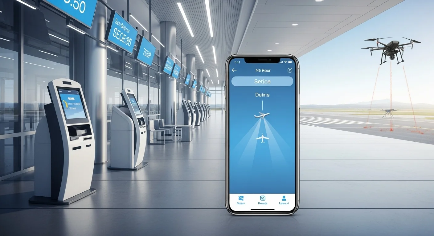 Can You Solve These 150+ Airport Riddles Before Your Flight? 16 Futuristic airport terminal with smartphone travel app, self-service check-in kiosks, gate displays, and security drone