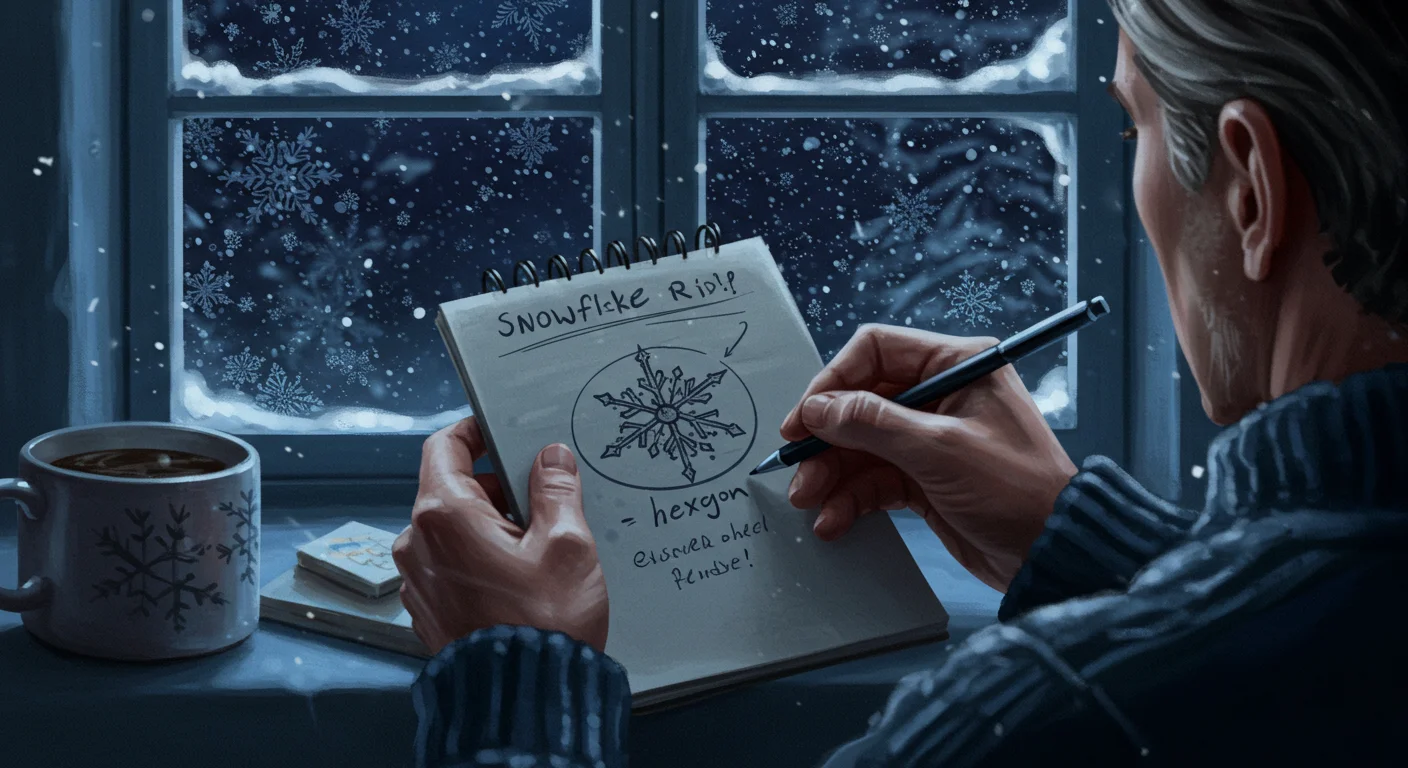125+ Snowflake Riddles to Melt Your Mind (Hints & Answers!) 2 Person writing snowflake riddle notes by a snowy window with coffee cup and sketched hexagon snowflake design
