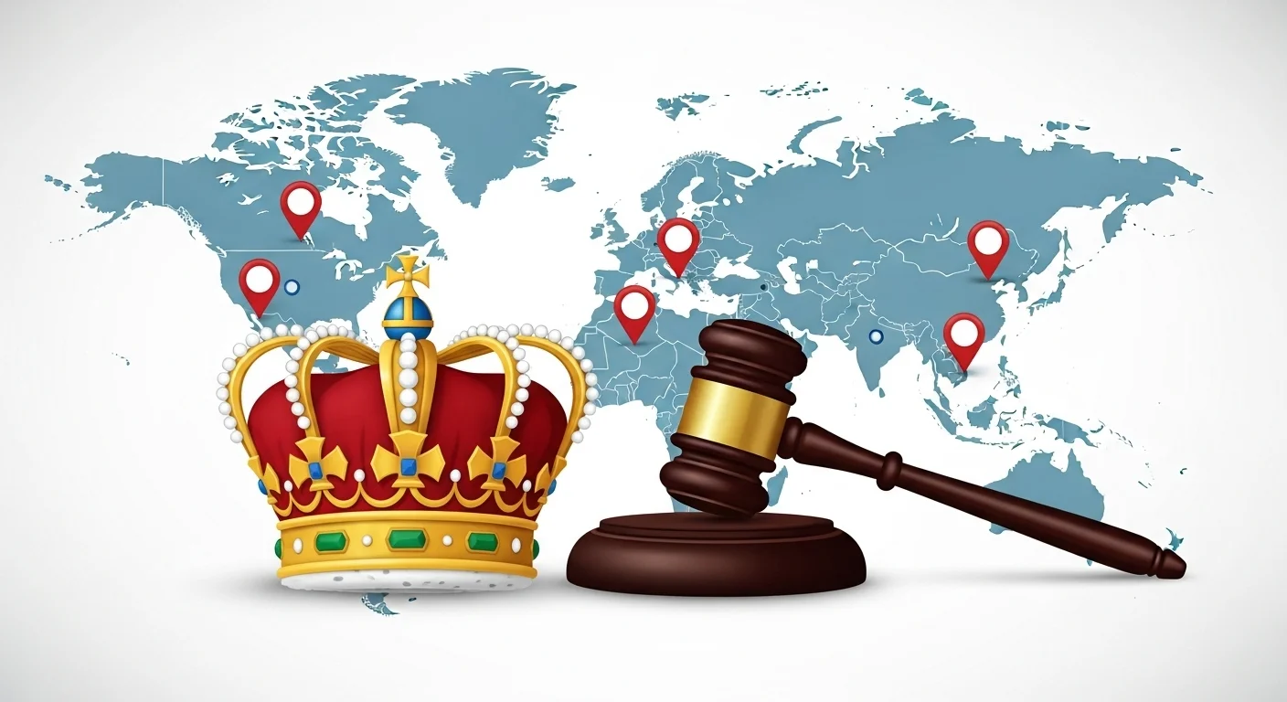 Royal crown and judge's gavel on world map background with location markers showing different governance systems