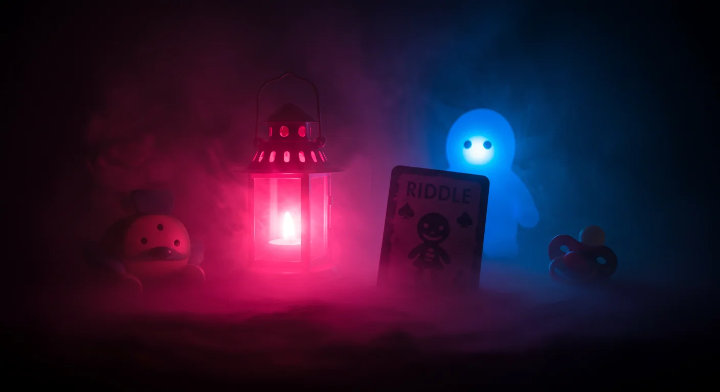 125+ Gender Reveal Riddles to Guess Baby’s Secret (Answers!) 11 Mysterious riddle card scene with glowing red lantern, blue ghost figure, and spooky characters in dark atmospheric setting
