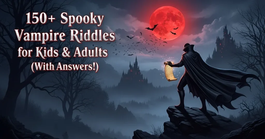Spooky vampire riddles collection for kids and adults with mysterious cloaked figure against red moon and gothic castle backdrop