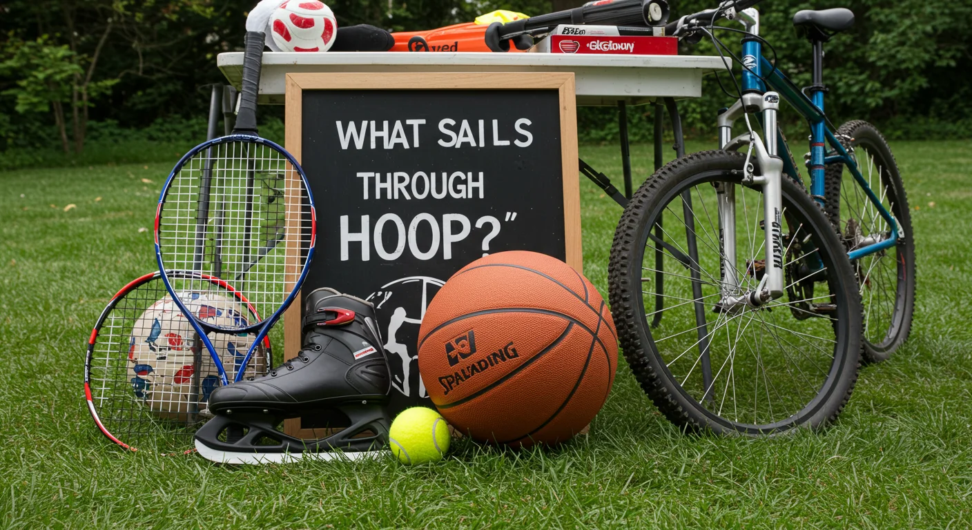 Sports equipment yard sale display featuring basketball, tennis rackets, ice skates, and bicycle with riddle sign asking "What sails through hoop?"