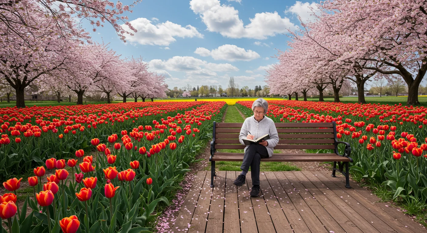 Person reading on a bench surrounded by red tulip fields and pink cherry blossoms