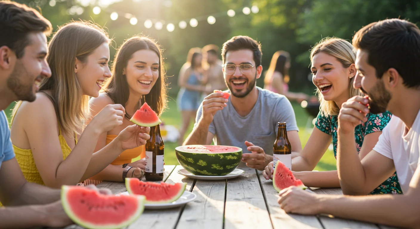 125+ Fun Watermelon Riddles to Slice Up Your Brain 4 Group of young adults enjoying watermelon slices at an outdoor summer gathering with string lights
