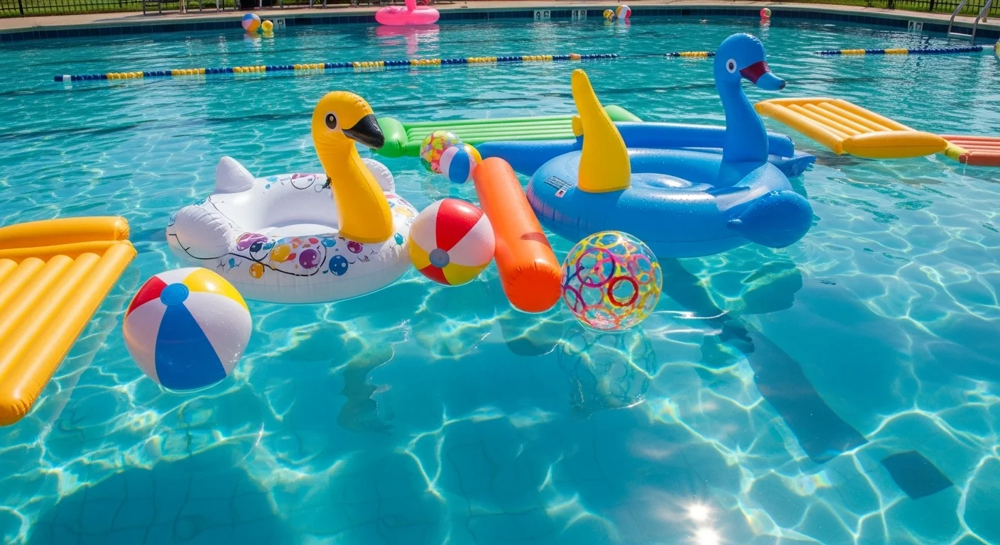 125+ Splash-Tastic Swimming Pool Riddles (Answers Inside!) 2 Colorful inflatable pool toys including swan floats, beach balls, and water rafts in swimming pool