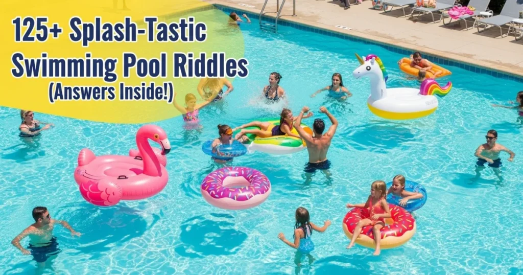 Group of people enjoying swimming pool riddles party with colorful inflatable floats including pink flamingo and unicorn