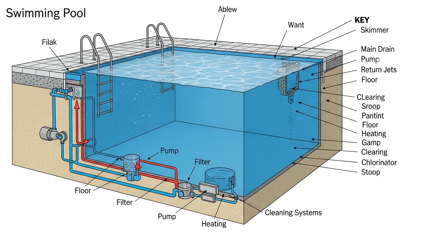 125+ Splash-Tastic Swimming Pool Riddles (Answers Inside!) 3 Technical diagram showing swimming pool filtration system components including pump, filter, and cleaning equipment