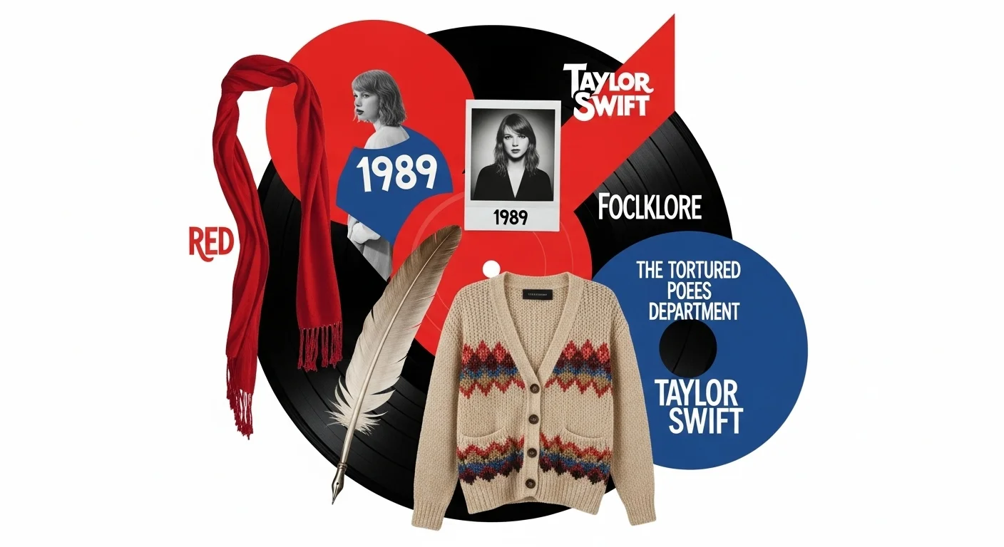125+ Taylor Swift Riddles Only True Swifties Can Solve (Answers!) 1 Taylor Swift album collection showing Red, 1989, Folklore, and Tortured Poets Department with red scarf and cardigan