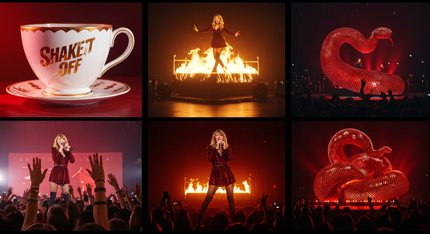 125+ Taylor Swift Riddles Only True Swifties Can Solve (Answers!) 4 Taylor Swift Reputation tour performance montage showing snake stage design, crowd interaction, and Shake It Off teacup imagery