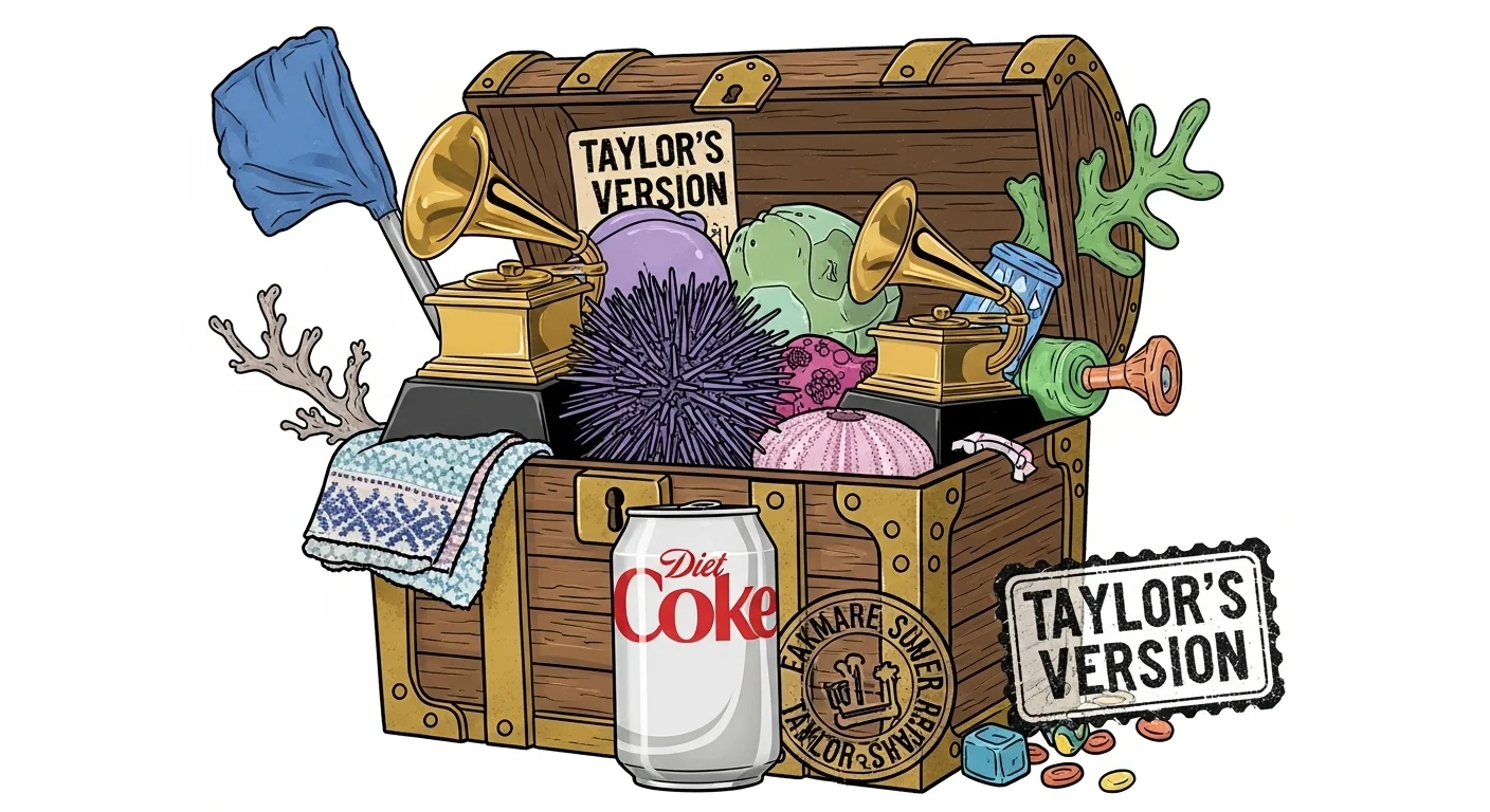 125+ Taylor Swift Riddles Only True Swifties Can Solve (Answers!) 3 Treasure chest filled with Taylor Swift memorabilia including gramophones, Diet Coke, friendship bracelets and Taylor's Version items