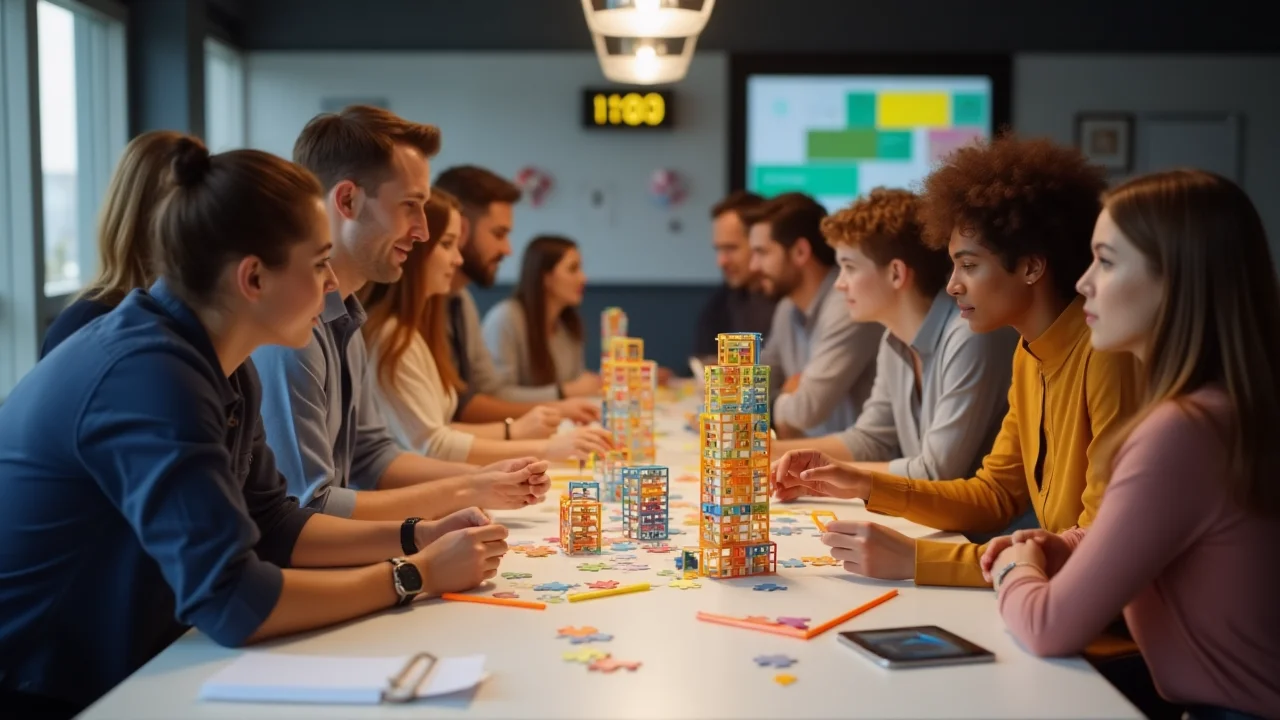 125+ Mind‑Blowing Table Riddles That Will Have Everyone Guessing 7 Diverse group of professionals collaborating on colorful block-stacking team building exercise around conference table
