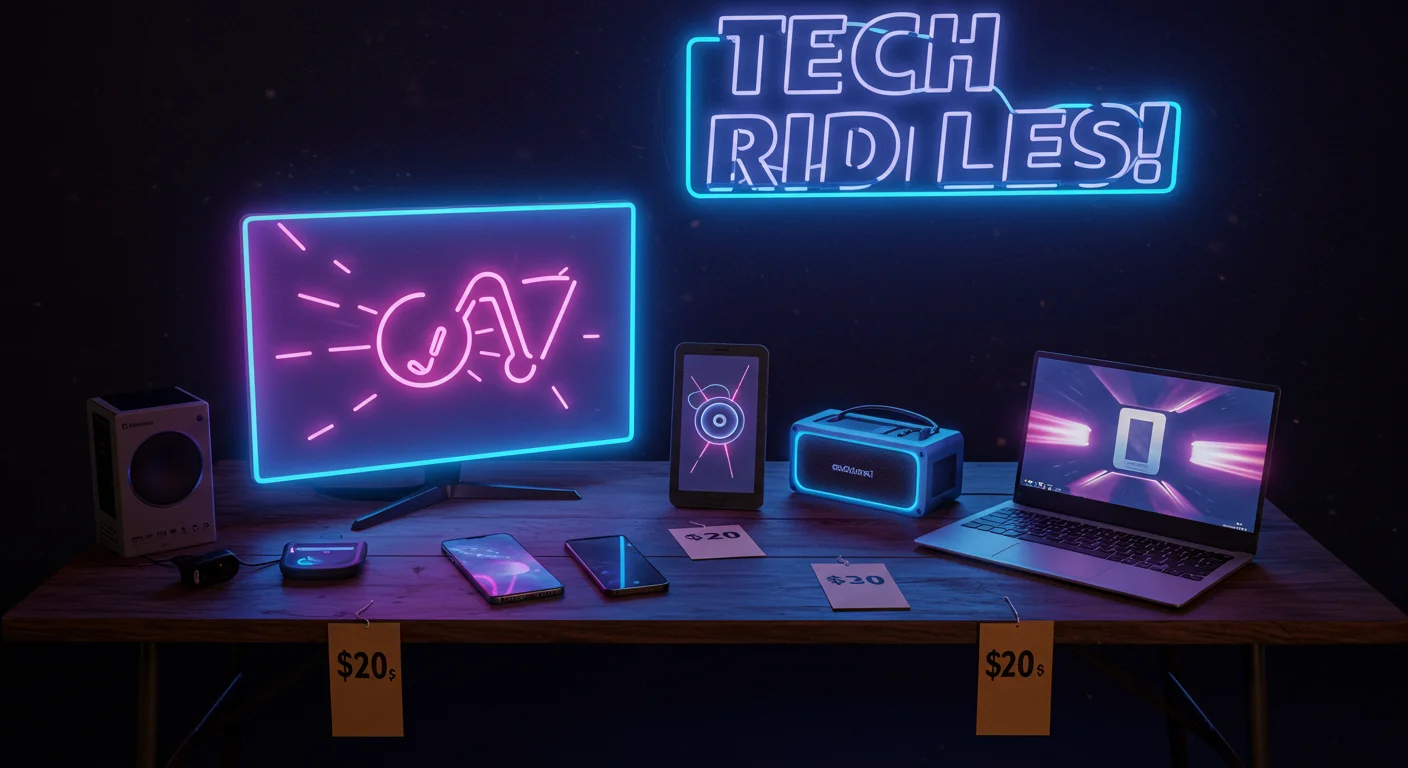 Neon-lit "Tech Riddles!" display with various electronic devices for sale on a table marked with $20 price tags