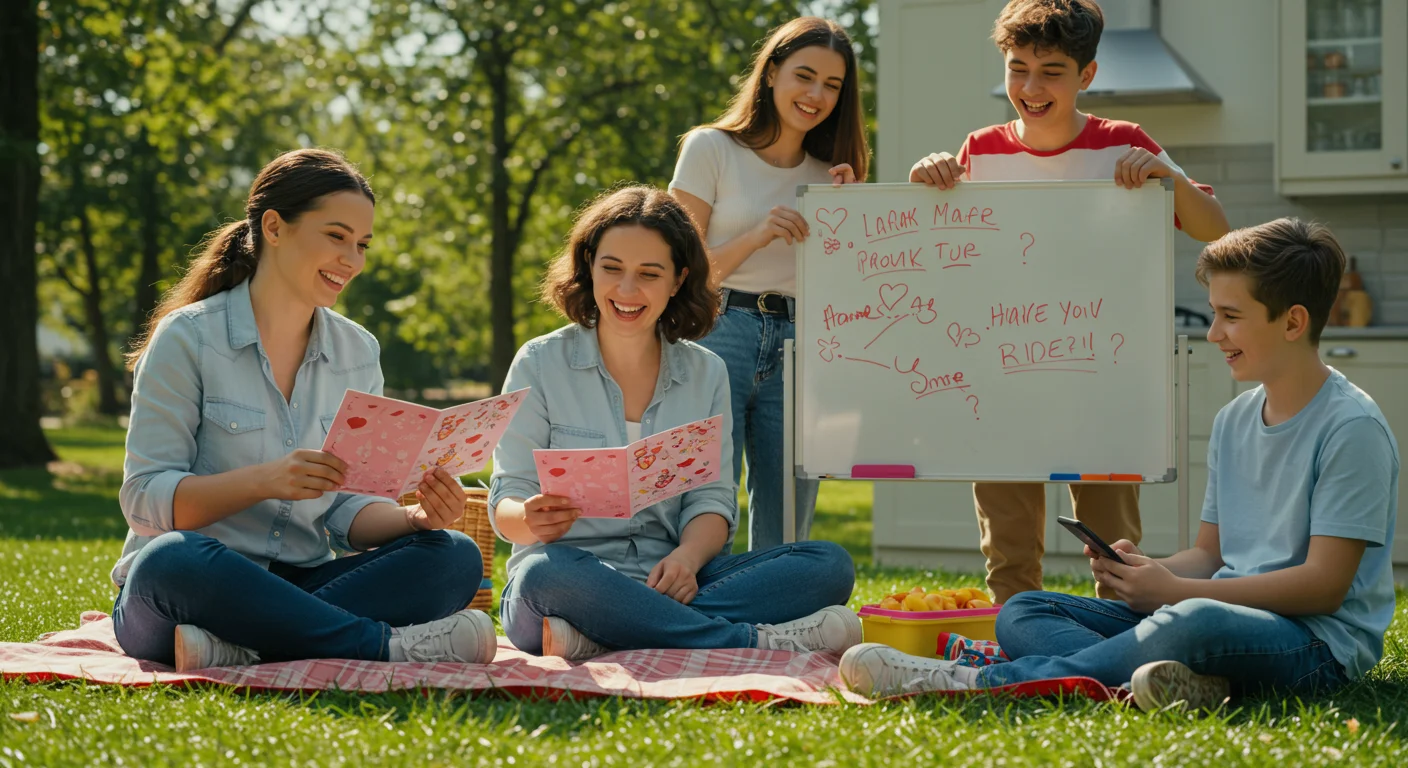 Teenagers and children creating Mother's Day cards and puzzles outdoors